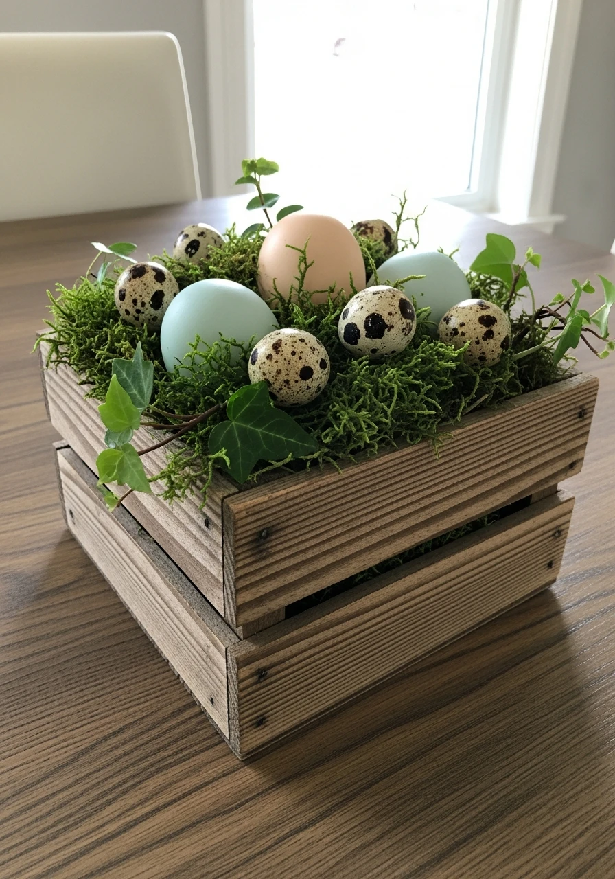 Wooden Crate Centerpiece - 50 Farmhouse Easter Decor Ideas That Look High-End