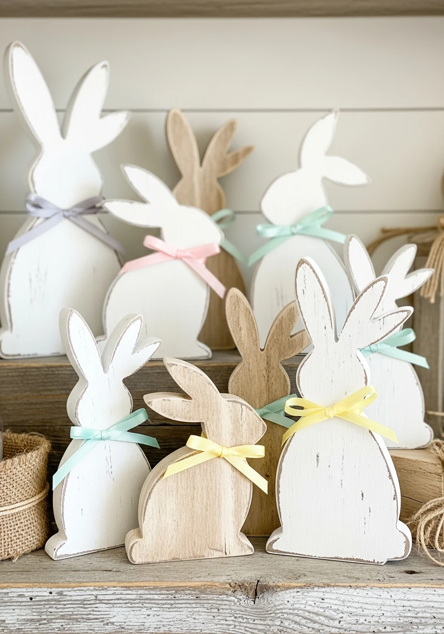 Ribbon-Tied Bunny Figurines - 50 Farmhouse Easter Decor Ideas That Look High-End