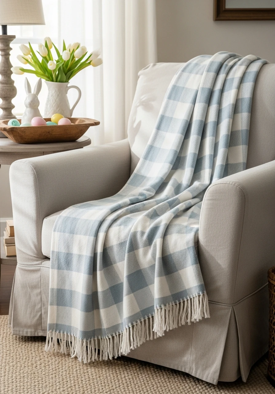 Buffalo Check Spring Throws - 50 Farmhouse Easter Decor Ideas That Look High-End