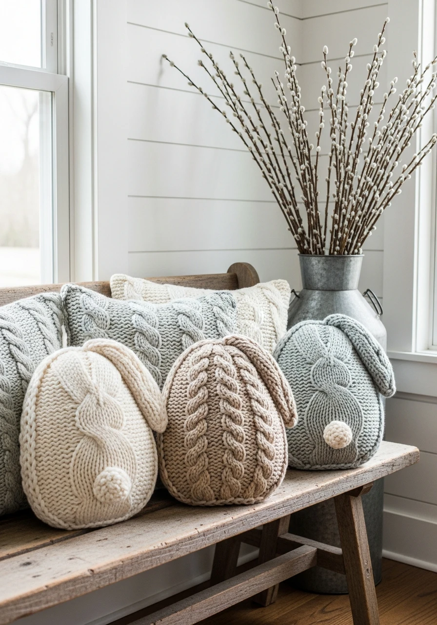 Knitted Bunny Egg Pillows - 50 Farmhouse Easter Decor Ideas That Look High-End