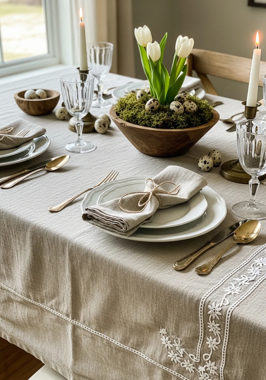 Embroidered Linen Tablecloth - 50 Farmhouse Easter Decor Ideas That Look High-End