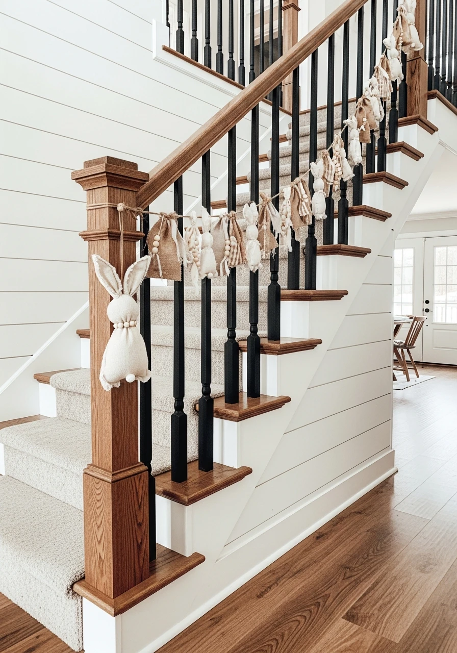 Fabric Bunny Stair Garland - 50 Farmhouse Easter Decor Ideas That Look High-End