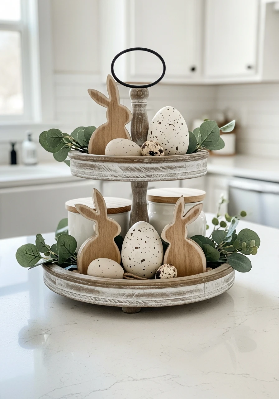 Tiered Tray Easter Setup - 50 Farmhouse Easter Decor Ideas That Look High-End
