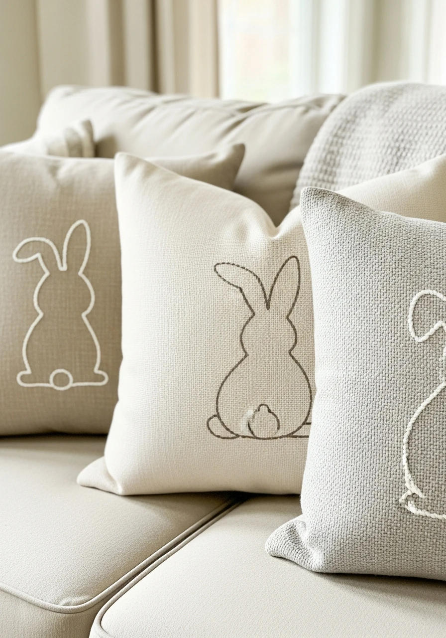 Neutral Bunny Throw Pillows - 50 Farmhouse Easter Decor Ideas That Look High-End
