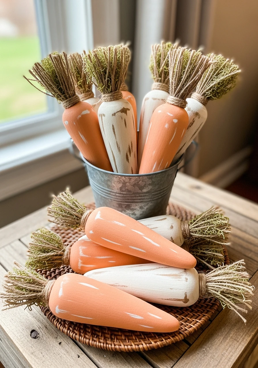 Rustic Wooden Carrot Decor - 50 Farmhouse Easter Decor Ideas That Look High-End