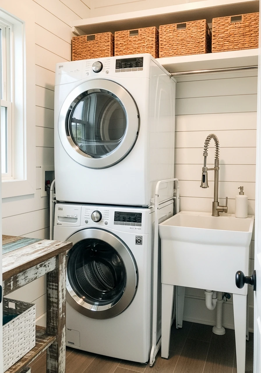Stacked Washer and Dryer - 50 Budget Farmhouse Laundry Room Ideas That Work