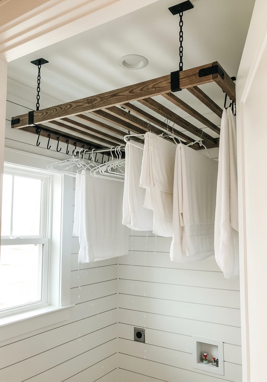 Hang Clothes Up High - 50 Budget Farmhouse Laundry Room Ideas That Work