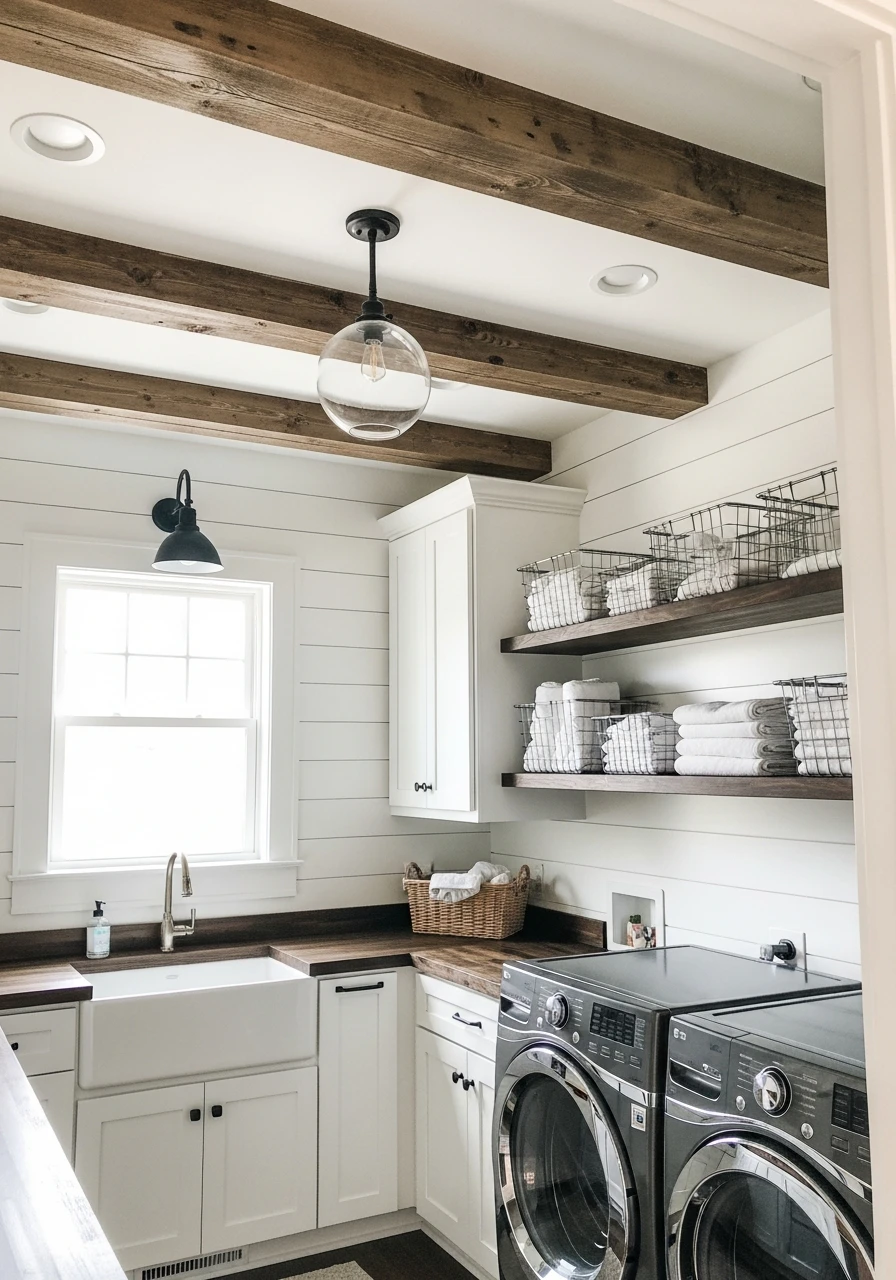 Exposed Wood Beams Look Rustic - 50 Budget Farmhouse Laundry Room Ideas That Work