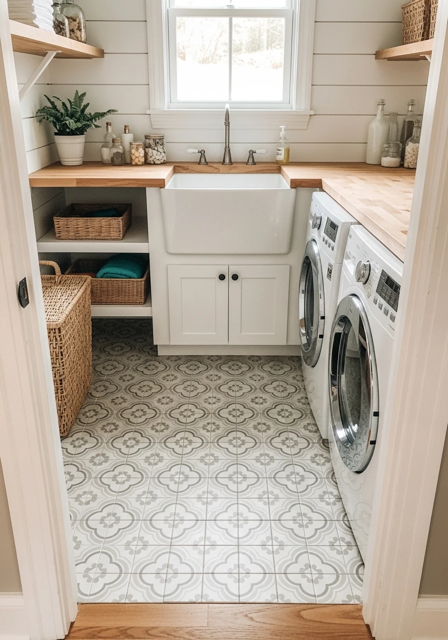 Farmhouse Patterned Tile Floor - 50 Budget Farmhouse Laundry Room Ideas That Work