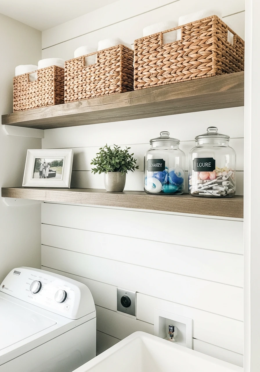 Decor and Storage Shelving - 50 Budget Farmhouse Laundry Room Ideas That Work