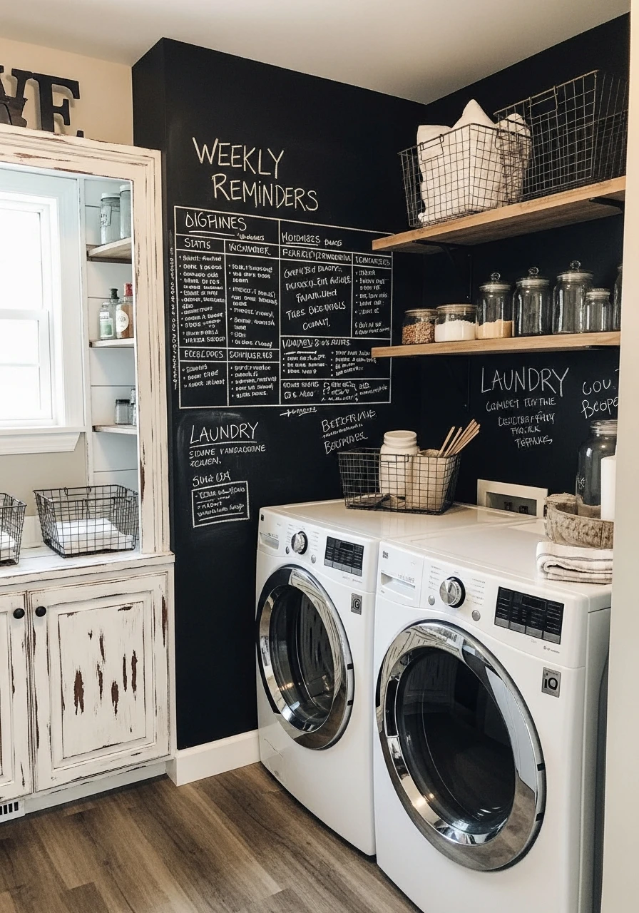 Chalkboard Wall for Notes - 50 Budget Farmhouse Laundry Room Ideas That Work