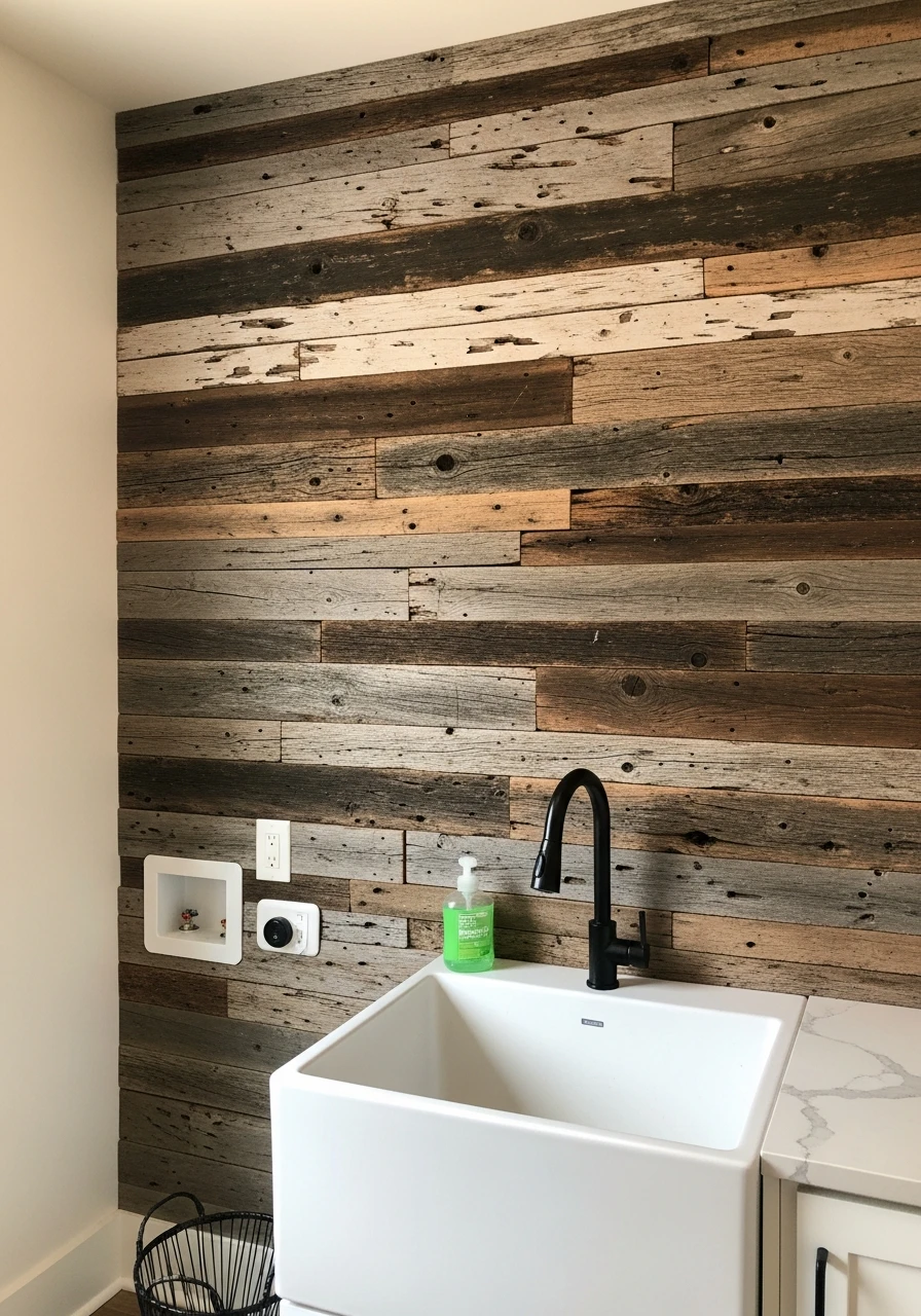 Reclaimed Wood Accent Wall - 50 Budget Farmhouse Laundry Room Ideas That Work