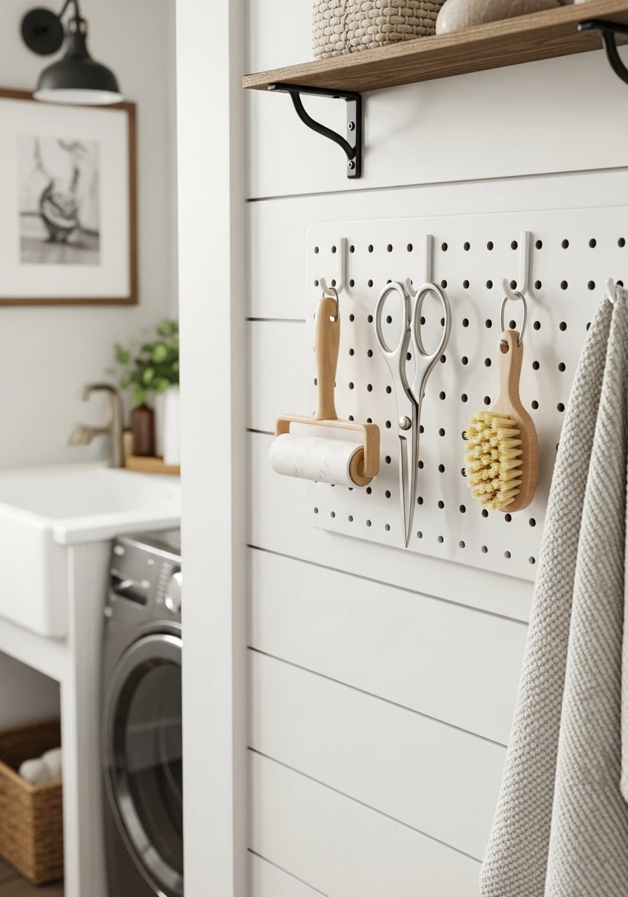 Pegboard or Rail System - 50 Budget Farmhouse Laundry Room Ideas That Work