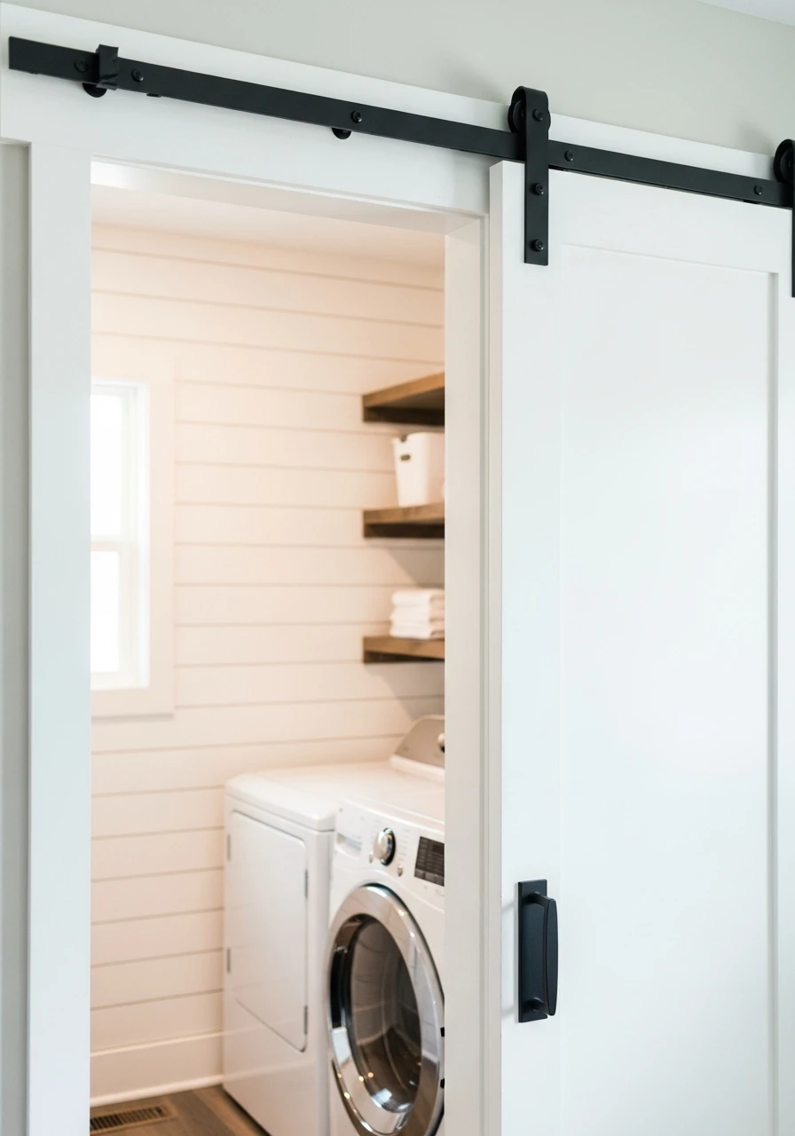 Sliding Barn Door Entrance - 50 Budget Farmhouse Laundry Room Ideas That Work