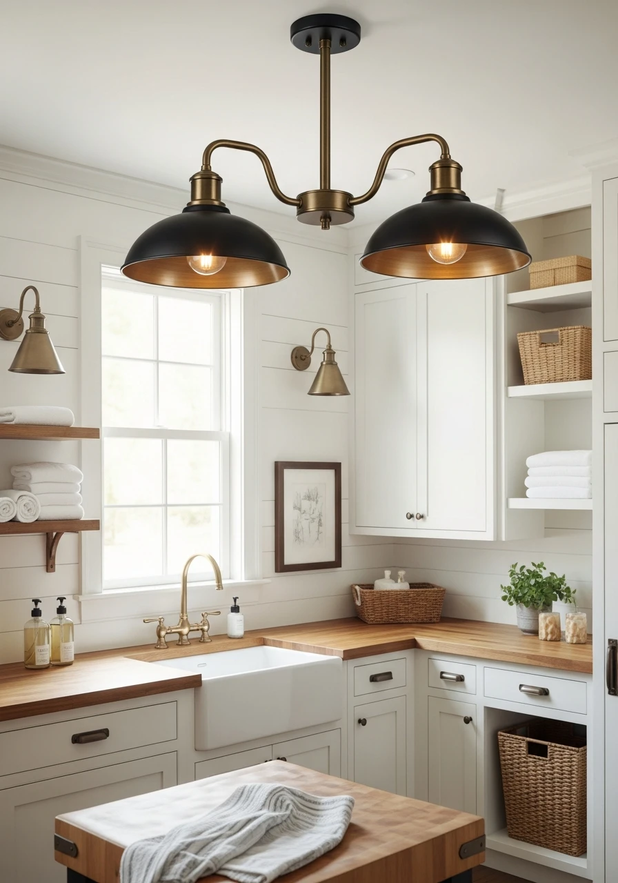 Mixed Metal Lighting - 50 Budget Farmhouse Laundry Room Ideas That Work