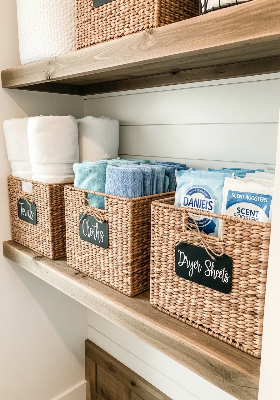 Categorized Basket Storage - 50 Budget Farmhouse Laundry Room Ideas That Work