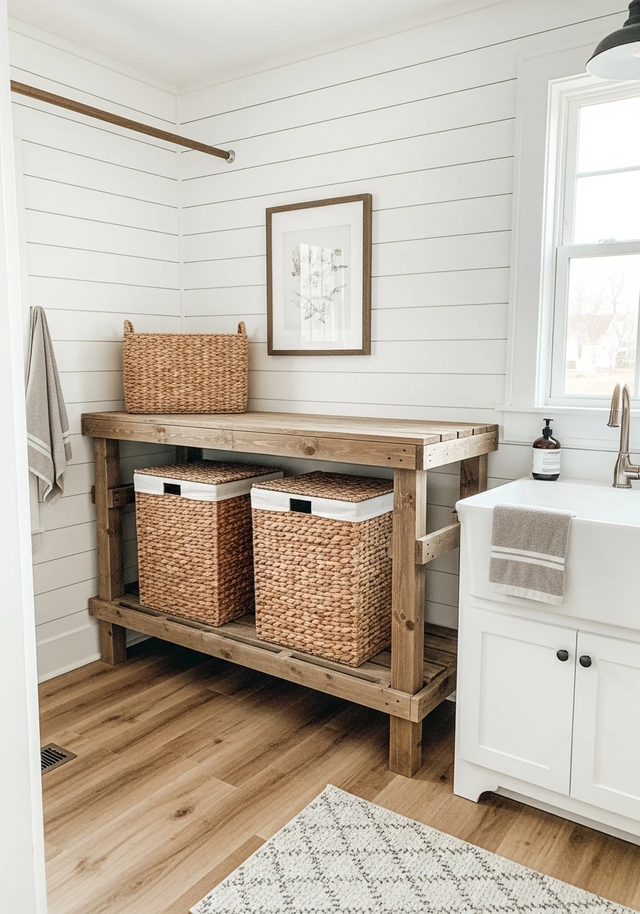 Raised Laundry Basket Shelving - 50 Budget Farmhouse Laundry Room Ideas That Work