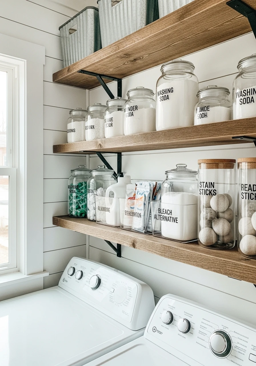 Clear Labeled Containers - 50 Budget Farmhouse Laundry Room Ideas That Work