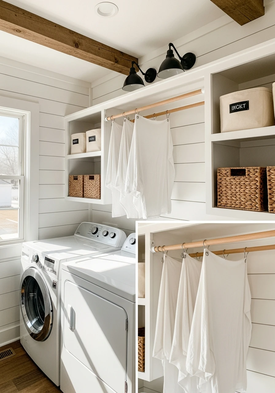 Built-In Drying Rods - 50 Budget Farmhouse Laundry Room Ideas That Work