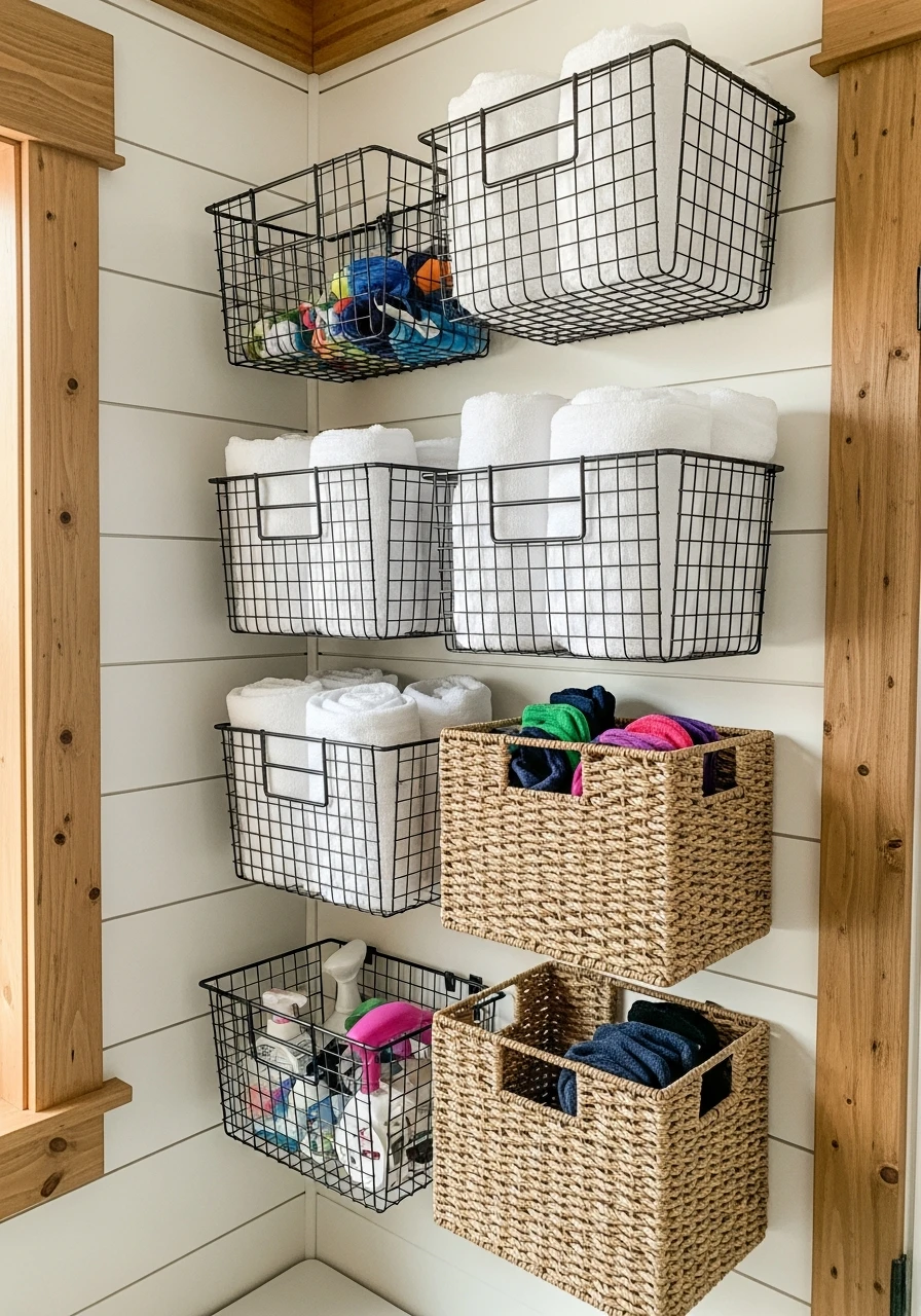 Wall-Mounted Baskets - 50 Budget Farmhouse Laundry Room Ideas That Work