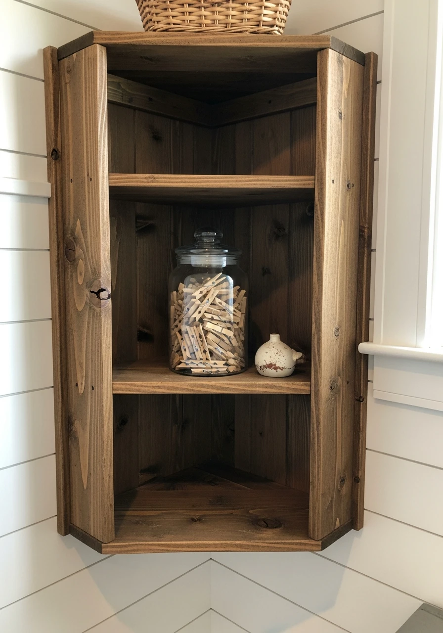 Corner Shelving Solution - 50 Budget Farmhouse Laundry Room Ideas That Work