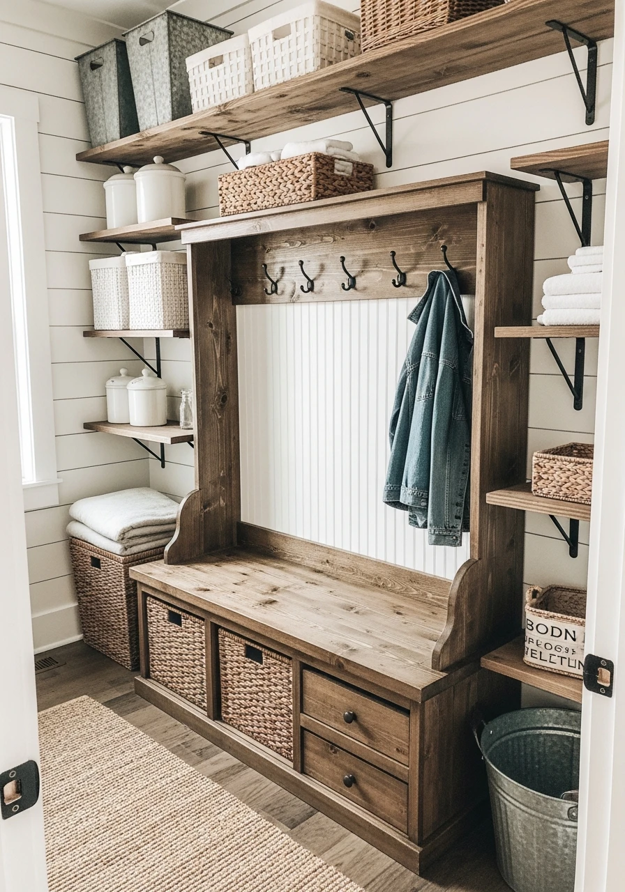 Bench Storage for Laundry Room - 50 Budget Farmhouse Laundry Room Ideas That Work