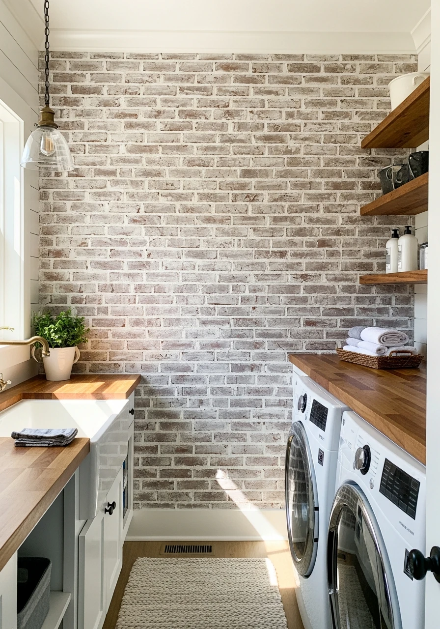 Whitewashed Brick Walls - 50 Budget Farmhouse Laundry Room Ideas That Work