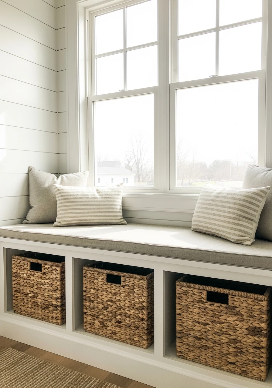 Window Seat with Baskets - 50 Budget Farmhouse Laundry Room Ideas That Work