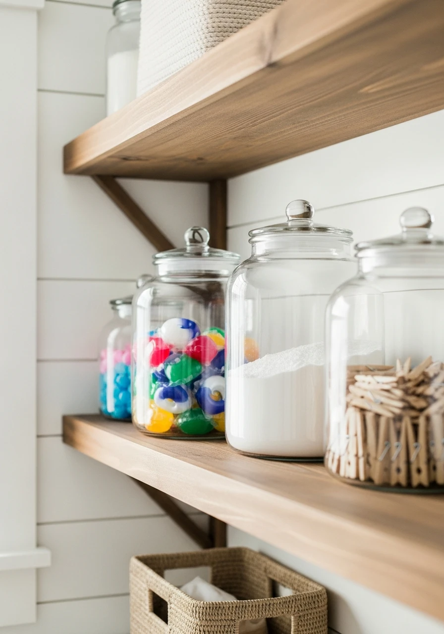Glass Jars for Storage - 50 Budget Farmhouse Laundry Room Ideas That Work