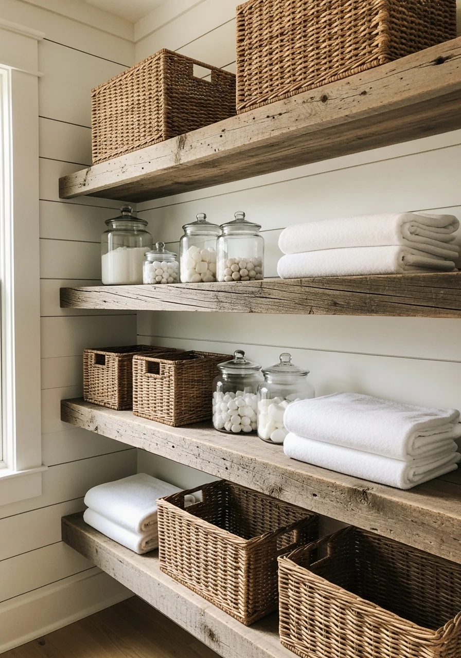 Reclaimed Wood Open Shelves - 50 Budget Farmhouse Laundry Room Ideas That Work