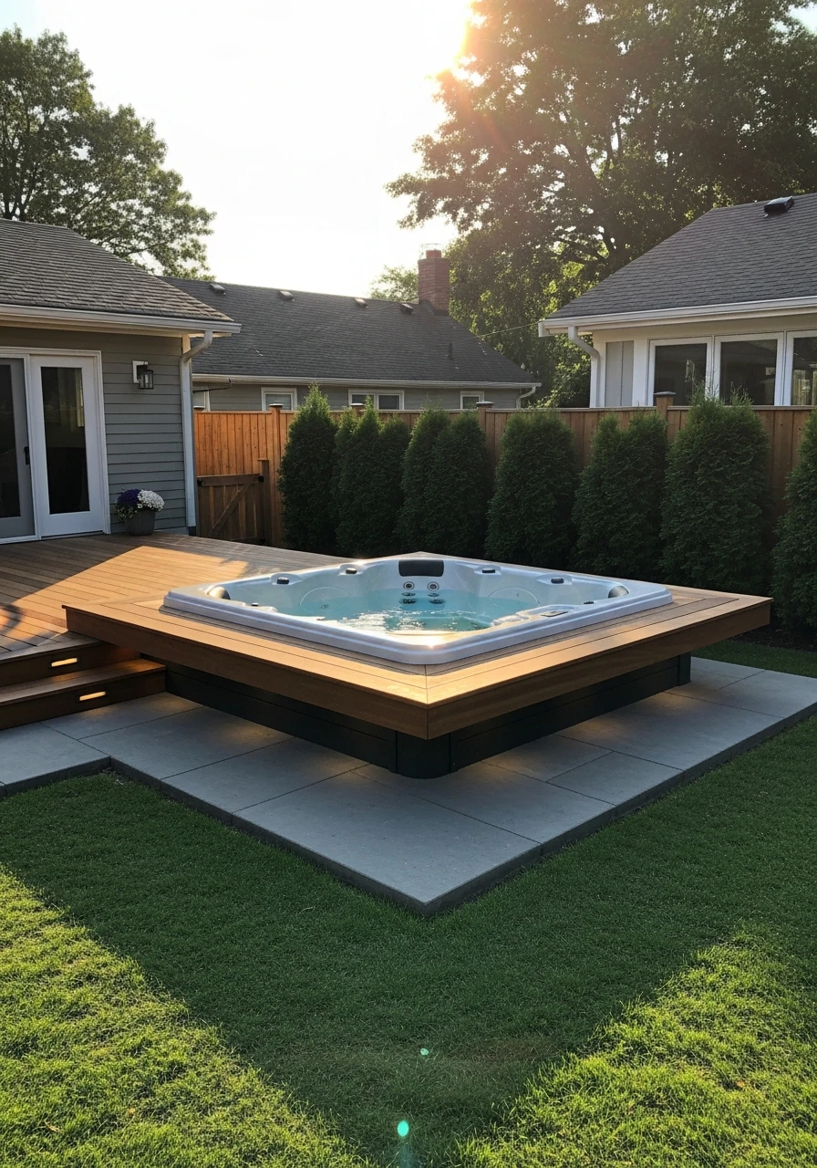 Modern Floating Deck - 50 Hot Tub Ideas for Backyard Retreats (High-End Looks on a Budget)