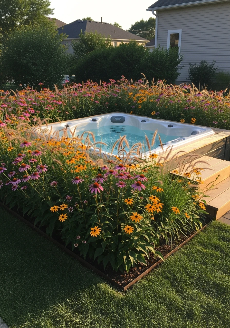 Relaxed Wildflower Border - 50 Hot Tub Ideas for Backyard Retreats (High-End Looks on a Budget)
