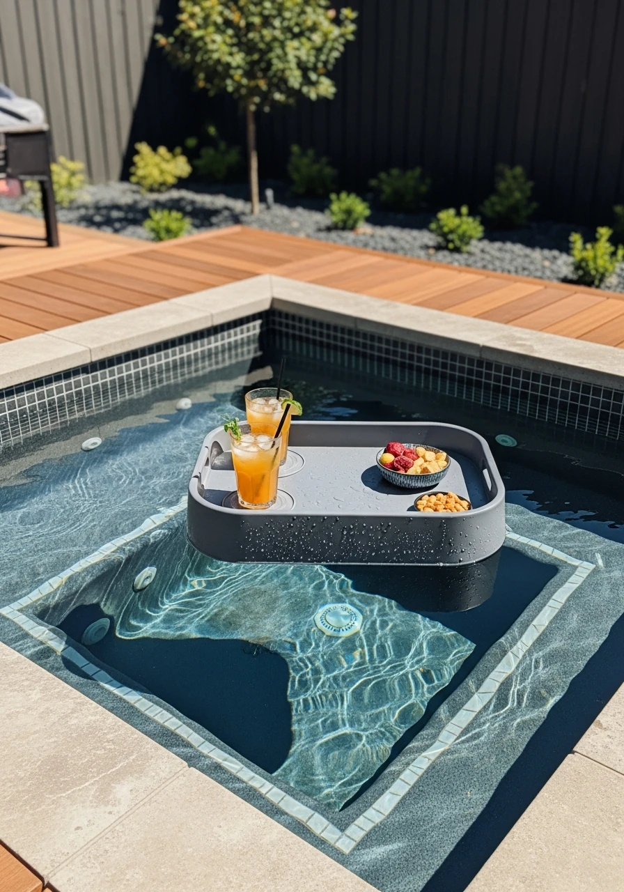 Use A Floating Tray - 50 Hot Tub Ideas for Backyard Retreats (High-End Looks on a Budget)