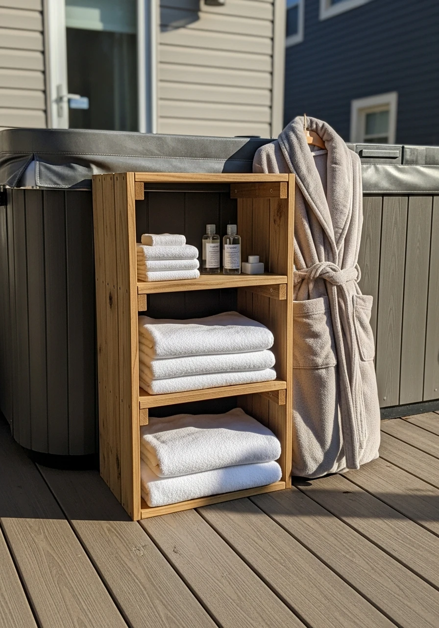 Organized Outdoor Shelving - 50 Hot Tub Ideas for Backyard Retreats (High-End Looks on a Budget)