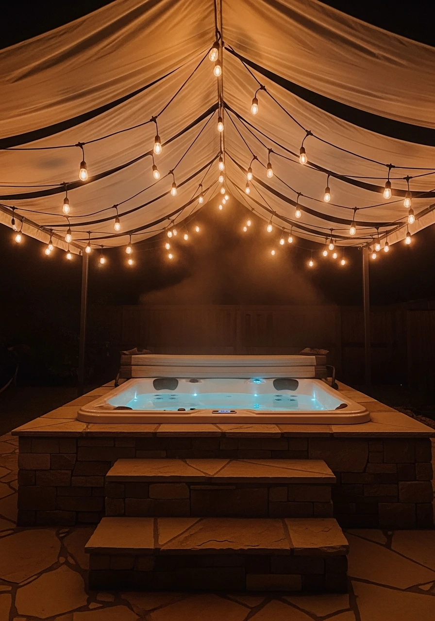 Warm String Lights Overhead - 50 Hot Tub Ideas for Backyard Retreats (High-End Looks on a Budget)