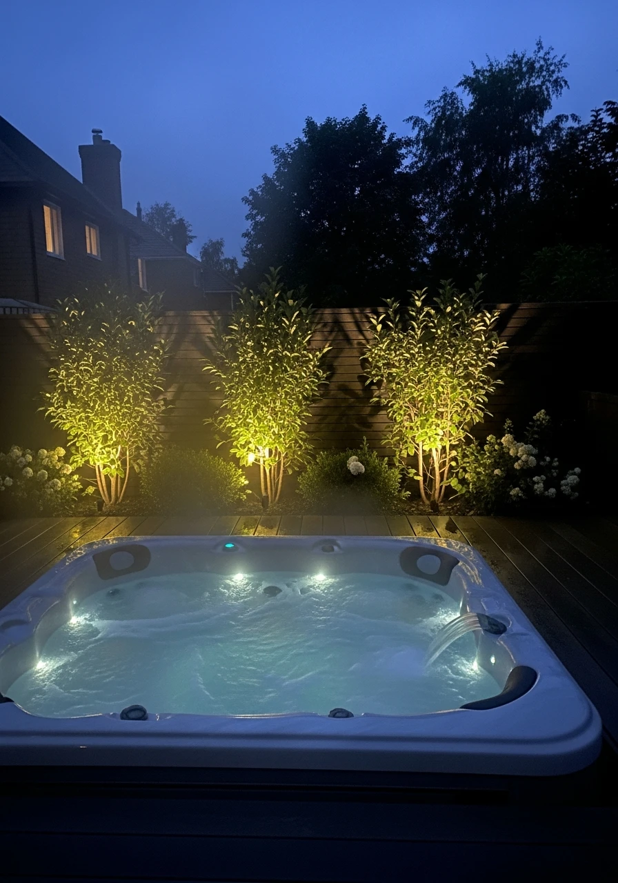 Highlight Plants At Night - 50 Hot Tub Ideas for Backyard Retreats (High-End Looks on a Budget)