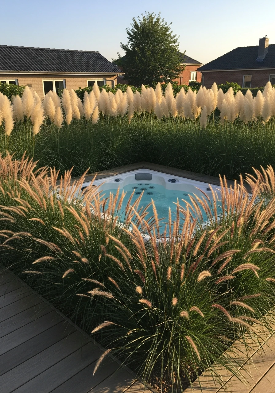 Use Tall Ornamental Grasses - 50 Hot Tub Ideas for Backyard Retreats (High-End Looks on a Budget)