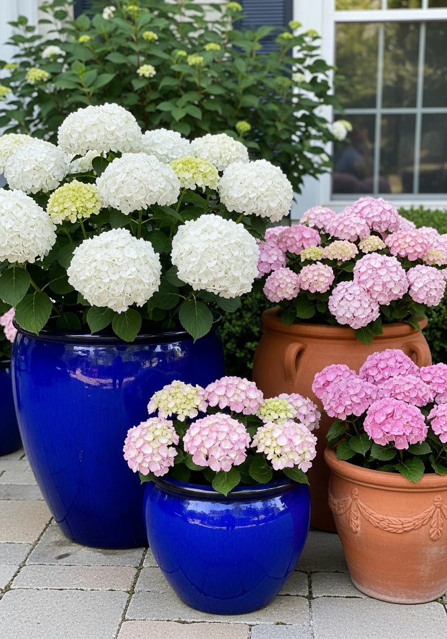 Color-Matched Planters - 50 Simple Hydrangea Landscaping Ideas to Boost Your Curb Appeal