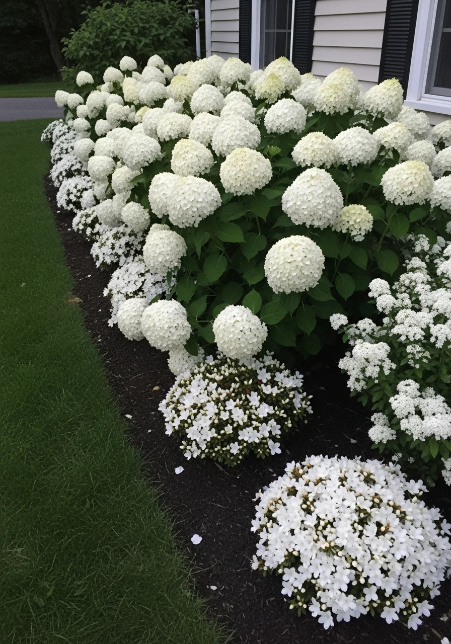 White Shrub Pairing - 50 Simple Hydrangea Landscaping Ideas to Boost Your Curb Appeal