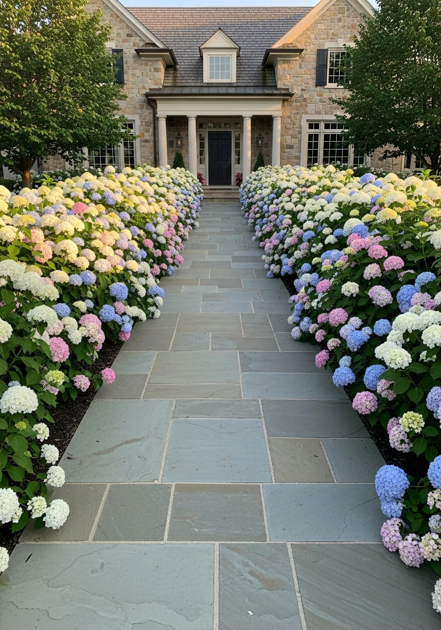 Elegant Walkway Border - 50 Simple Hydrangea Landscaping Ideas to Boost Your Curb Appeal
