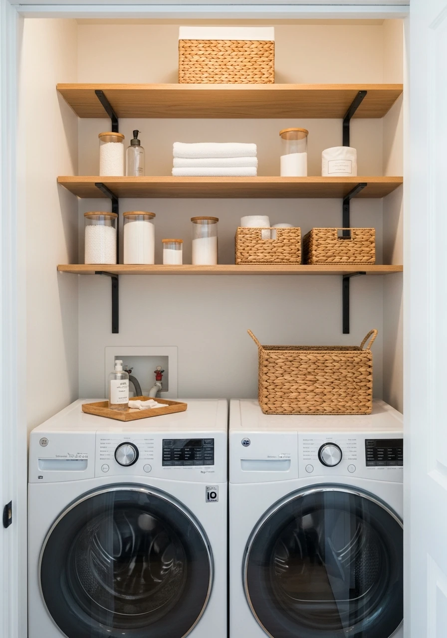 Floating Shelves Above Machines - 50 Genius Narrow Laundry Room Ideas That Maximize Every Inch
