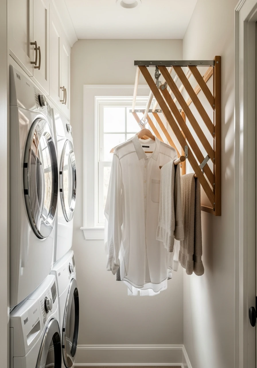 Fold-Down Drying Rack - 50 Genius Narrow Laundry Room Ideas That Maximize Every Inch