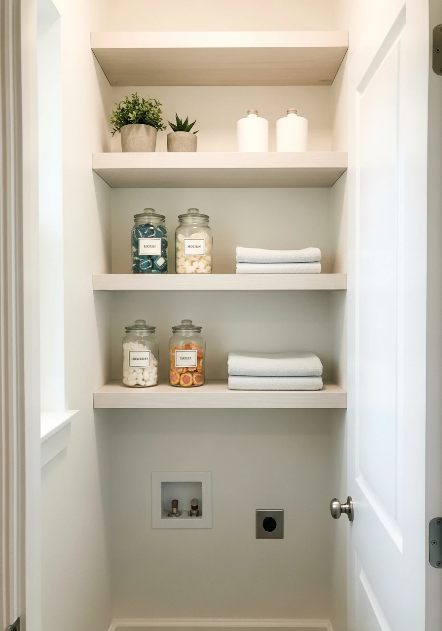 Light Floating Shelves - 50 Genius Narrow Laundry Room Ideas That Maximize Every Inch