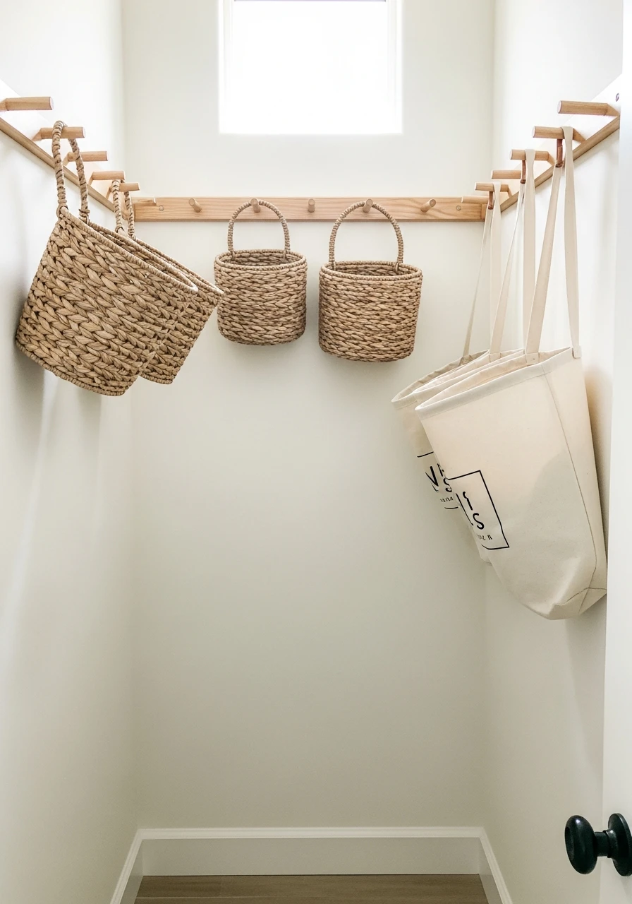 Hang Baskets on Peg Rail - 50 Genius Narrow Laundry Room Ideas That Maximize Every Inch