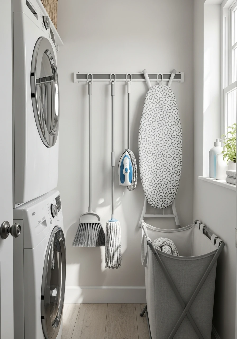 Hooks for Mops and Brooms - 50 Genius Narrow Laundry Room Ideas That Maximize Every Inch