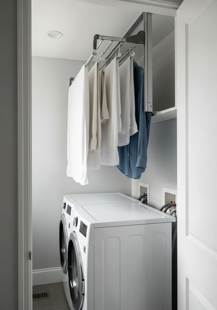 Pull-Down Drying Rod - 50 Genius Narrow Laundry Room Ideas That Maximize Every Inch