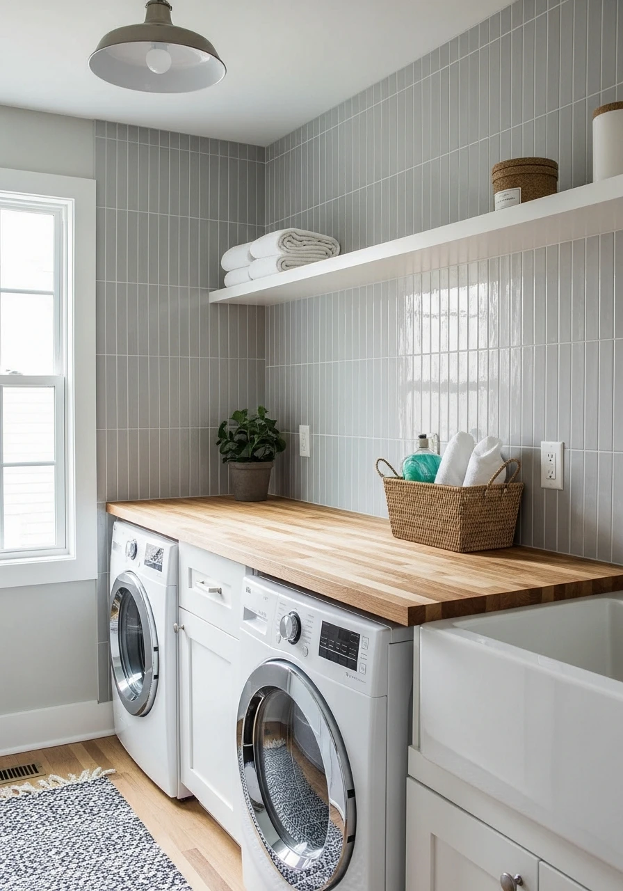 Install Vertical Tiles - 50 Genius Narrow Laundry Room Ideas That Maximize Every Inch