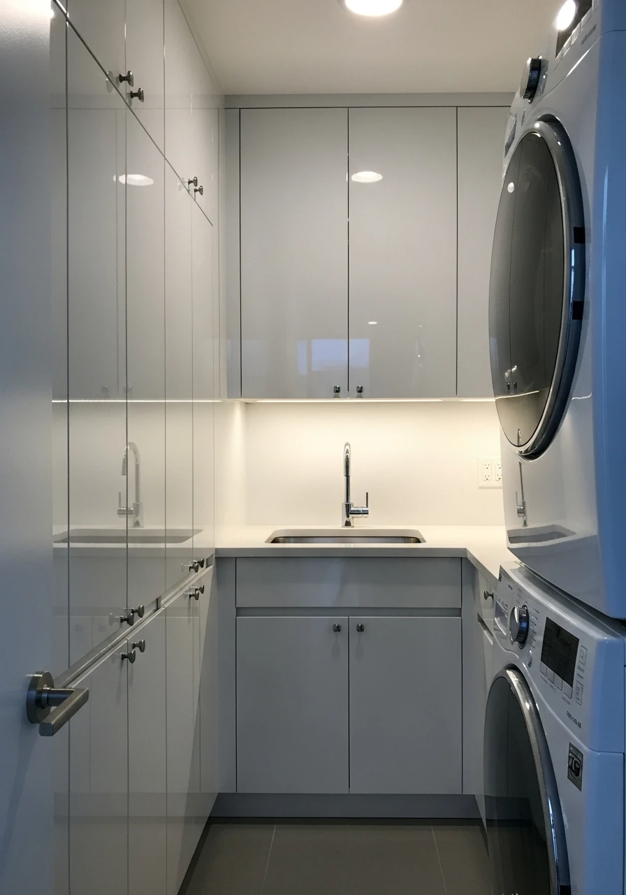 Use Glossy Cabinets - 50 Genius Narrow Laundry Room Ideas That Maximize Every Inch