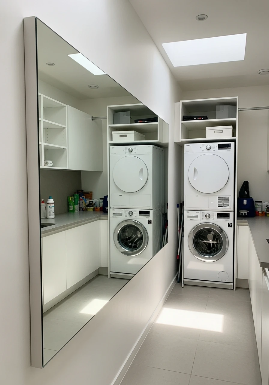 Add a Large Mirror - 50 Genius Narrow Laundry Room Ideas That Maximize Every Inch