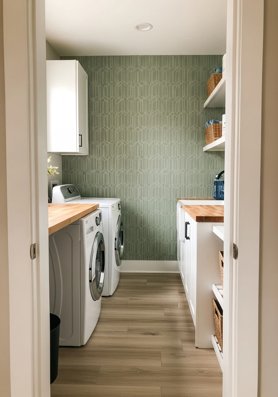 Wallpaper on Short Wall - 50 Genius Narrow Laundry Room Ideas That Maximize Every Inch